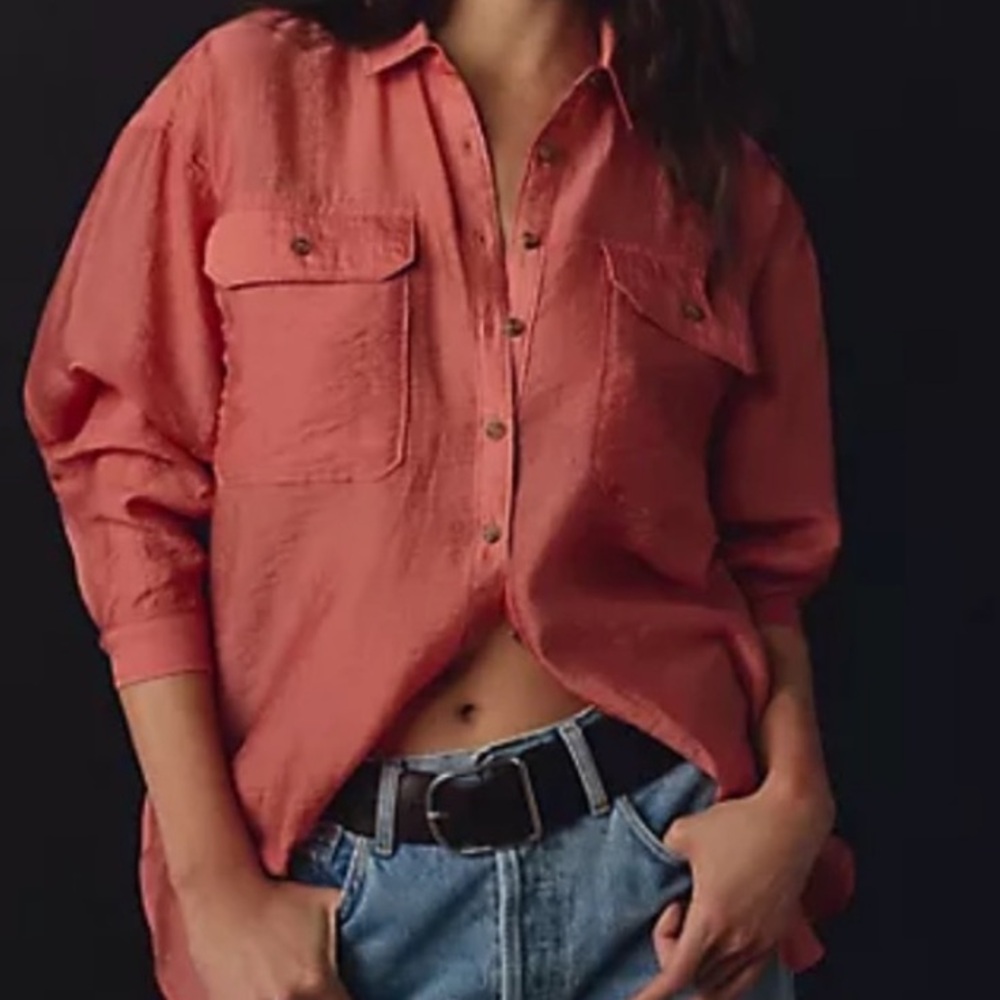 Anthropologie Sheer Coral Button Up Long Sleeve Oversized Blouse Size S